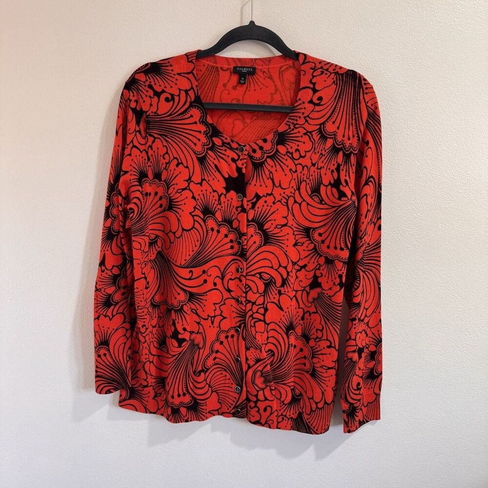 Talbots Sweater Cardigan 1X Red Black Floral Cotton Knit Enamel Button Front